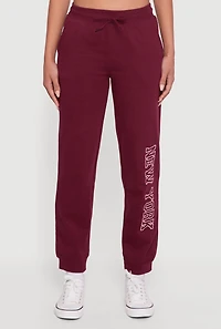 Womens New York Embroidered Graphic Drawstring Waist Joggers, Purple, Size XL