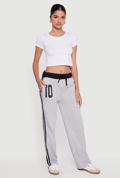 Womens Drawstring Waist 10 Graphic Varsity Stripe Sweatpants, Grey,