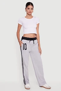 Womens Drawstring Waist 10 Graphic Varsity Stripe Sweatpants, Grey,