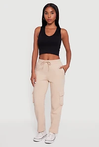 Womens Zip Pocket Drawstring Waist Cargo Sweatpants, Khaki, Size XL