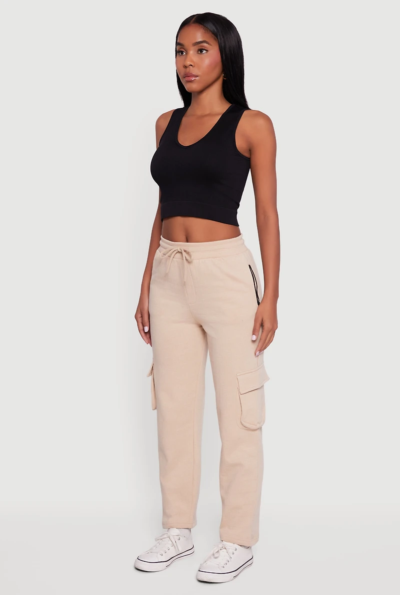 Womens Zip Pocket Drawstring Waist Cargo Sweatpants, Khaki, Size XL