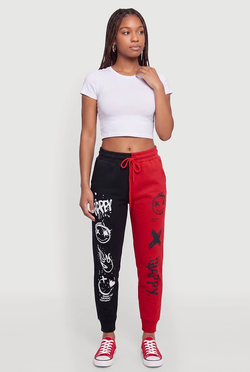 Color Blocked Graffiti Graphic Drawstring Waist Joggers