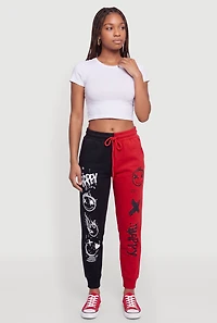Color Blocked Graffiti Graphic Drawstring Waist Joggers