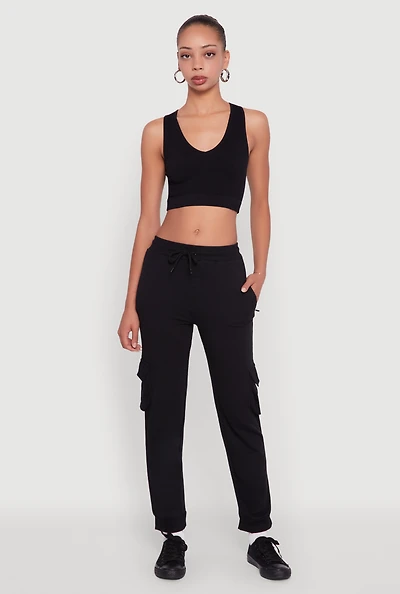 Womens Drawstring Waist Cargo Joggers, Black,