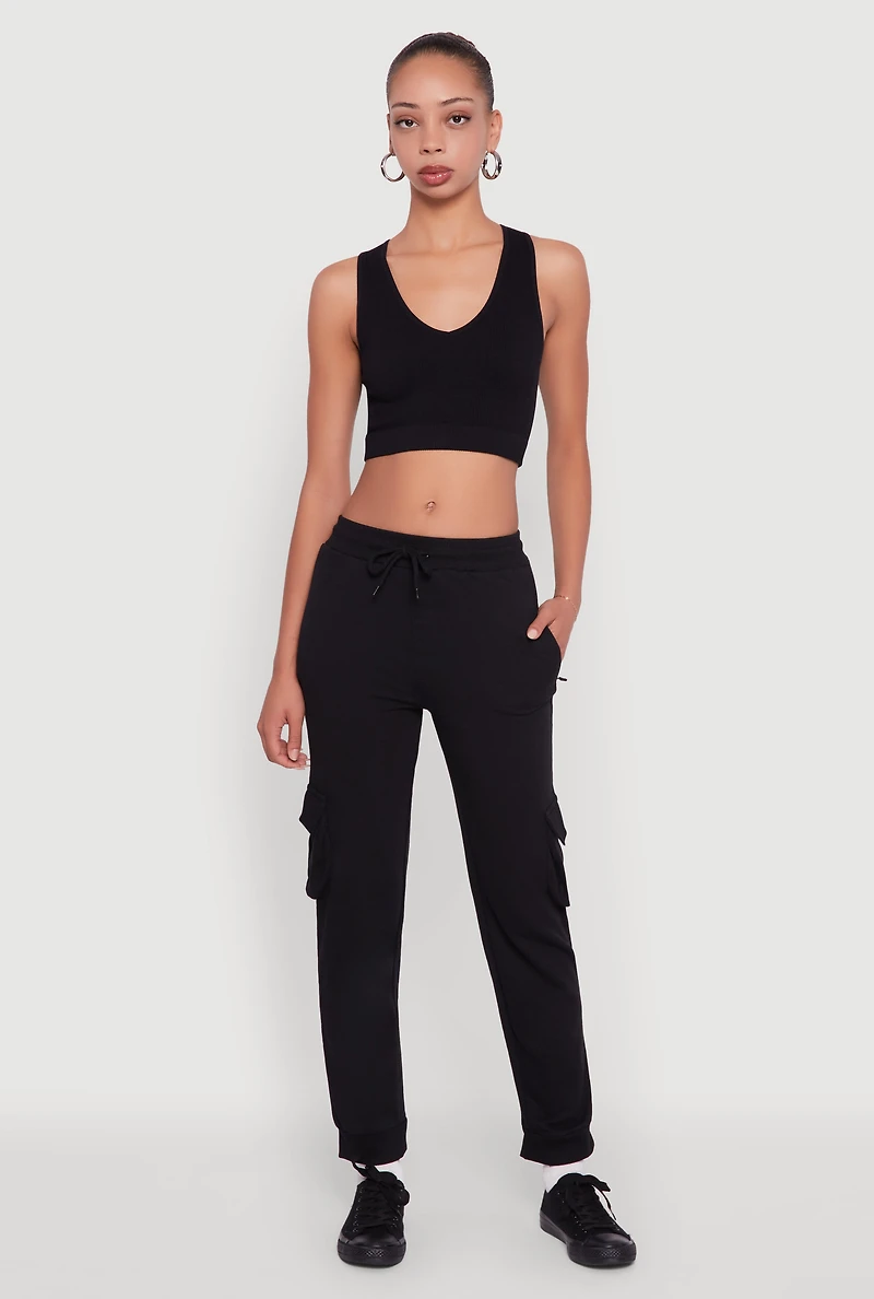 Womens Drawstring Waist Cargo Joggers, Black, Size S