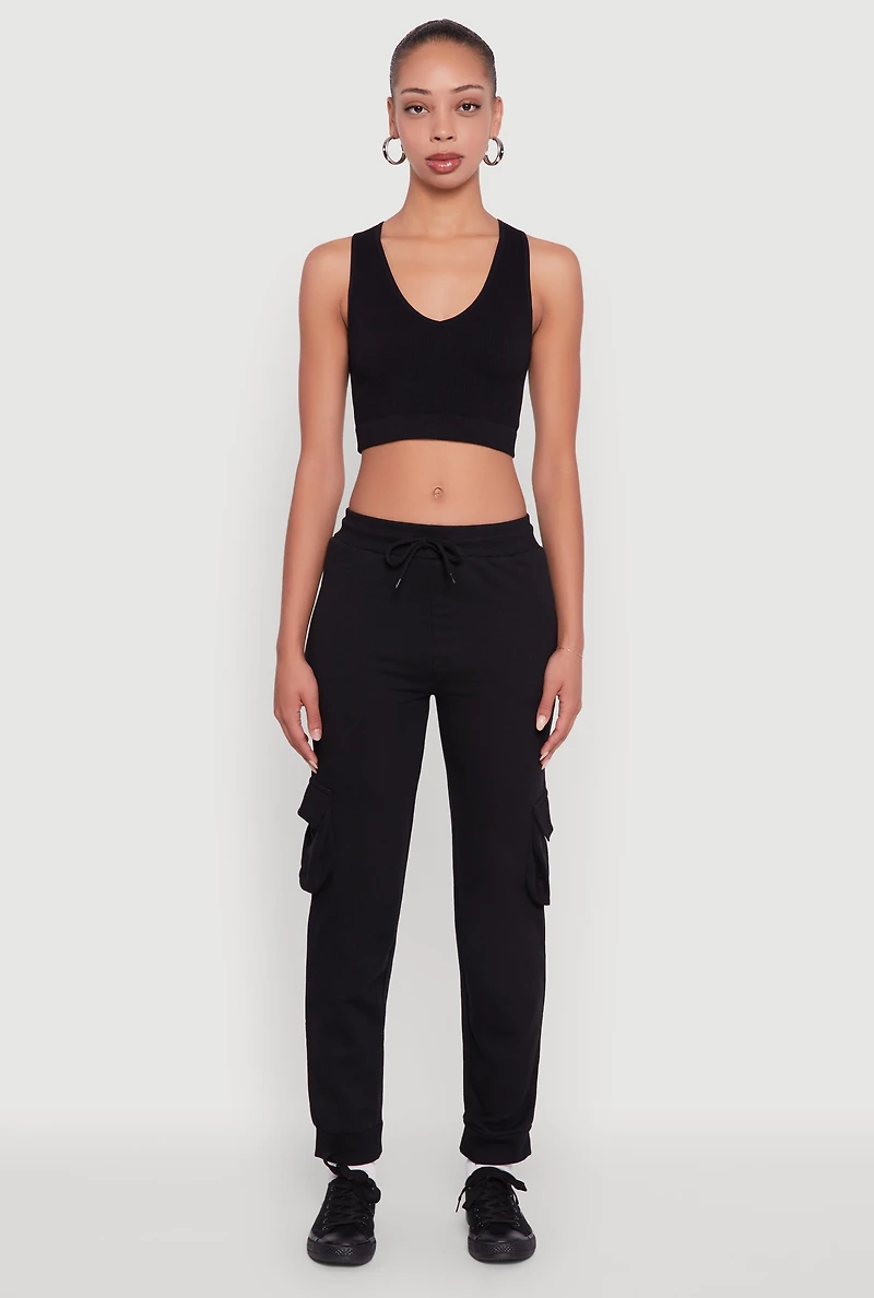 Womens Drawstring Waist Cargo Joggers, Black, Size S