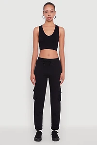 Womens Drawstring Waist Cargo Joggers, Black, Size S