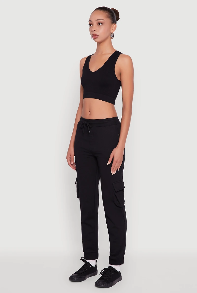 Womens Drawstring Waist Cargo Joggers, Black, Size S
