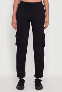 Womens Drawstring Waist Cargo Joggers, Black, Size S