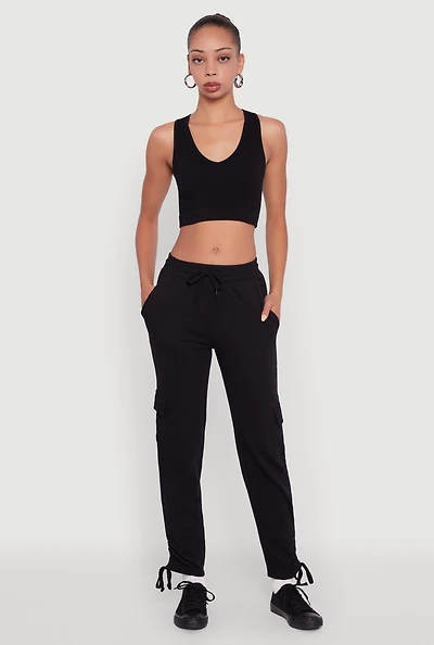 Womens Ruched Side Tie Cargo Sweatpants, Black, Size M