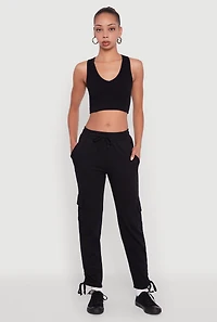 Womens Ruched Side Tie Cargo Sweatpants, Black, Size M