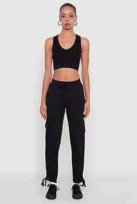 Womens Ruched Side Tie Cargo Sweatpants, Black, Size M