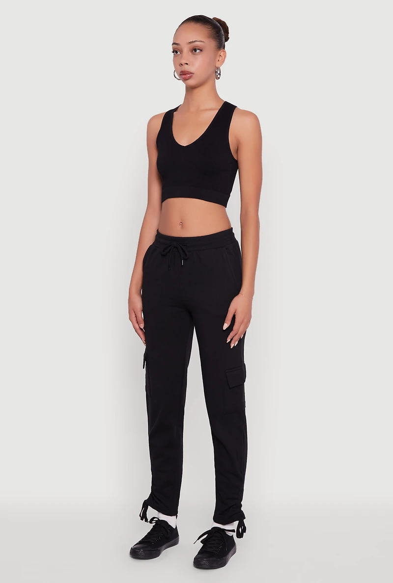Womens Ruched Side Tie Cargo Sweatpants, Black, Size S