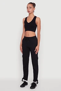 Womens Ruched Side Tie Cargo Sweatpants, Black, Size S