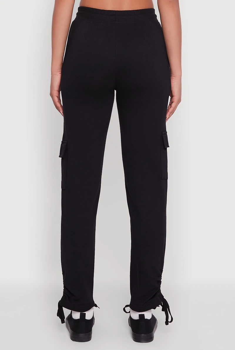 Womens Ruched Side Tie Cargo Sweatpants, Black, Size M