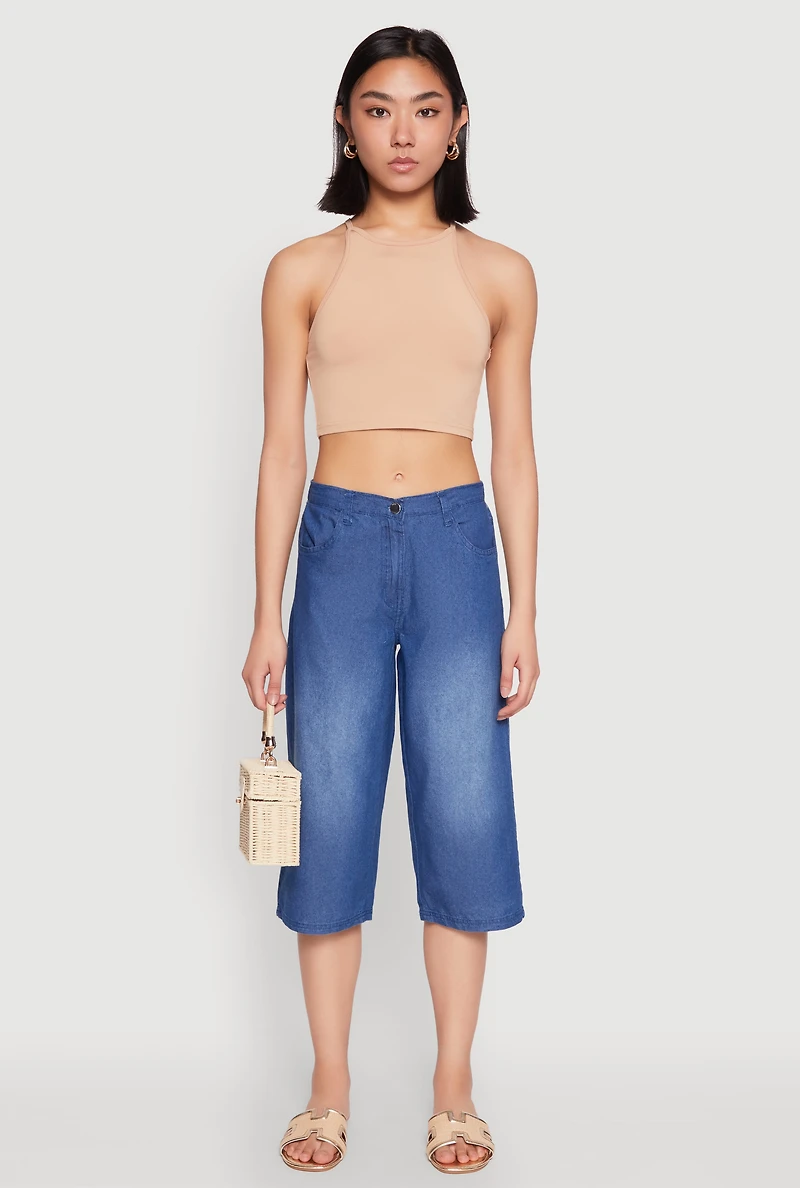 Womens Chambray Culottes, Blue, Size L