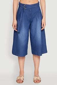 Womens Belted Front Chambray Culottes, Blue, Size M