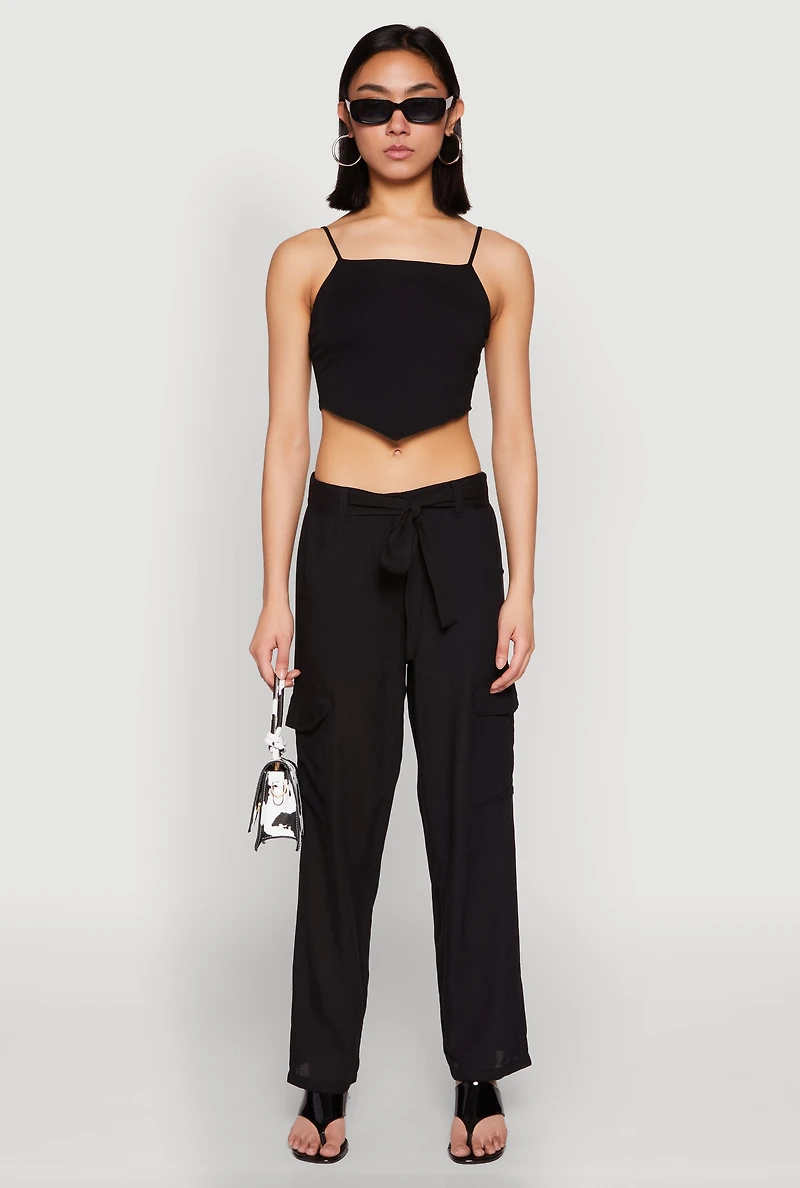 Womens Tie Waist Belted Cargo Pants, Black, Size S