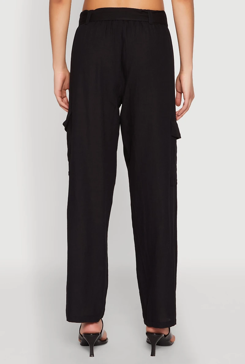 Womens Tie Waist Belted Cargo Pants, Black, Size S