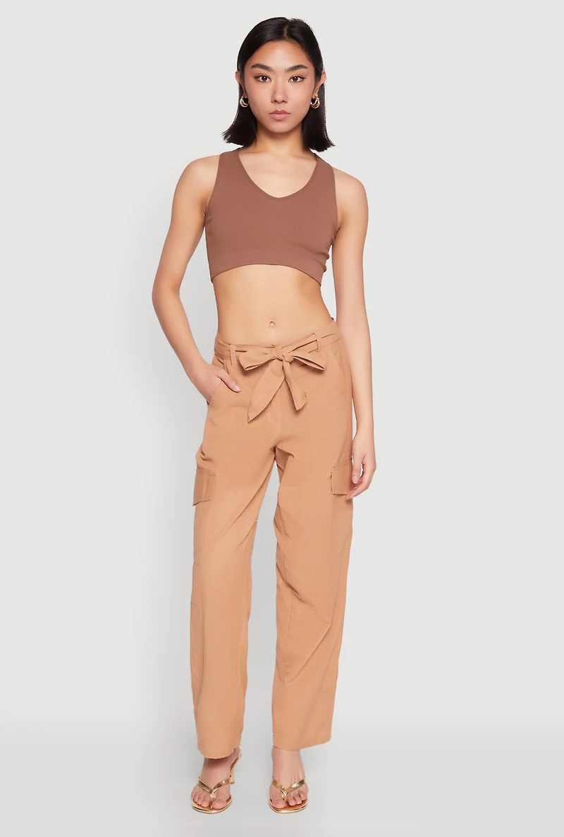 Womens Tie Waist Belted Cargo Pants, Khaki, Size XL