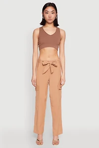 Womens Tie Waist Belted Cargo Pants, Khaki, Size XL