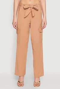 Womens Tie Waist Belted Cargo Pants, Khaki, Size XL
