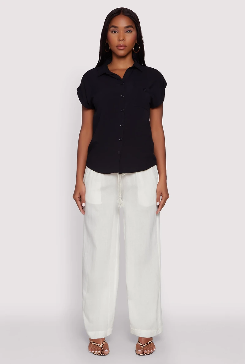 Womens Linen High Waisted Pants, White,