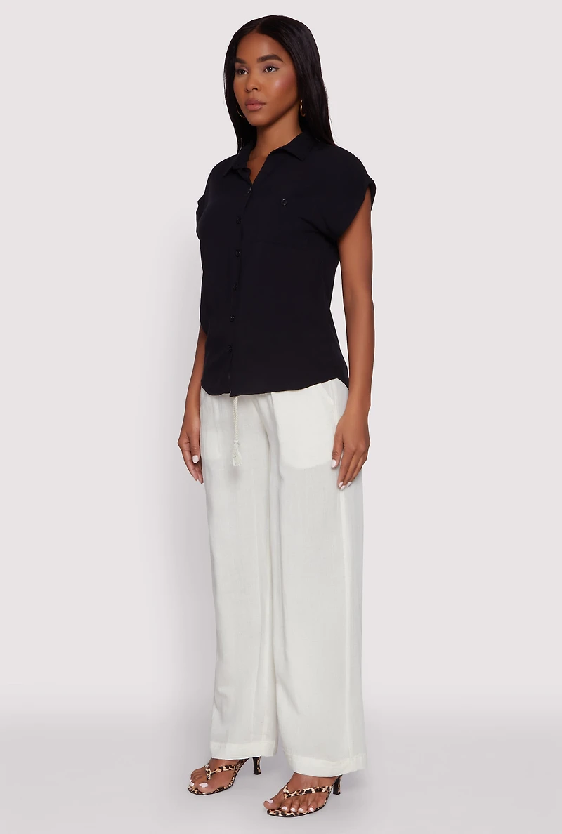 Womens Linen High Waisted Pants, White,