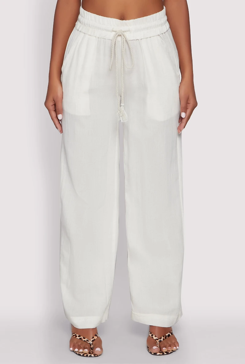 Womens Linen High Waisted Pants, White,
