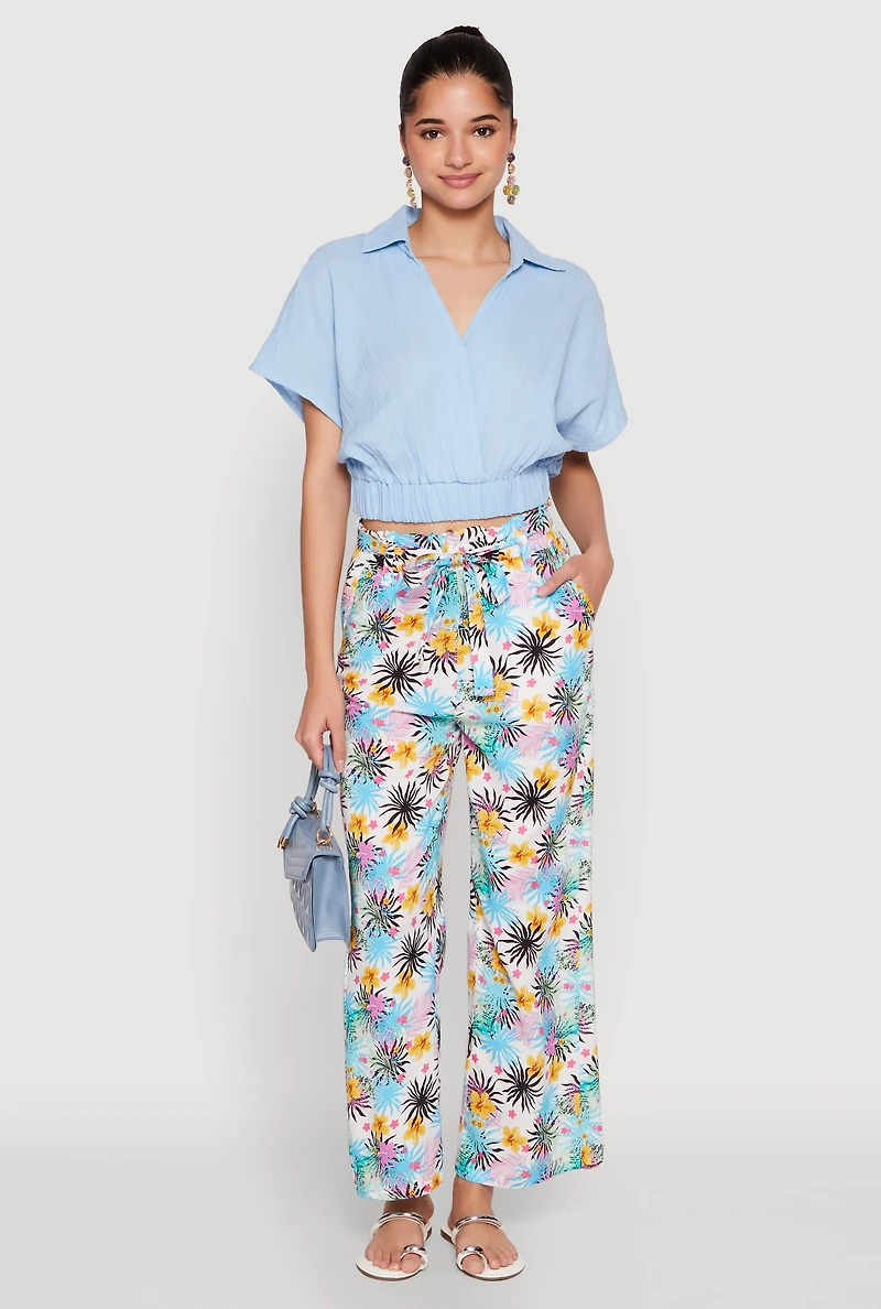 Tropical Print Paper Bag Waist Pants