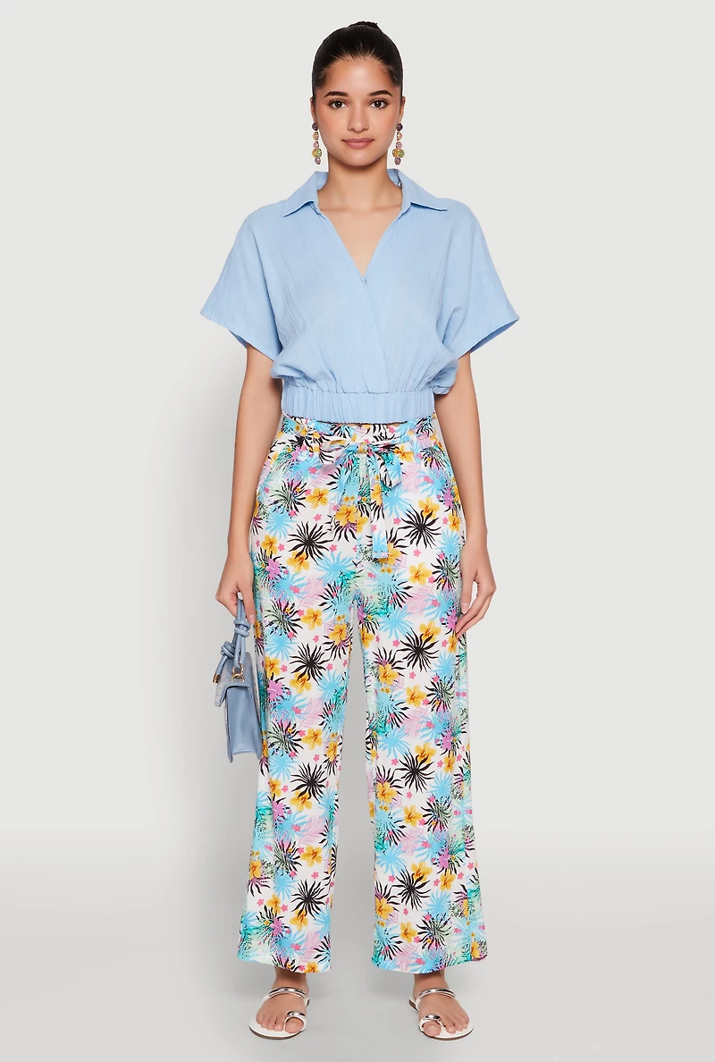 Womens Tropical Print Paper Bag Waist Pants, Multi, Size L