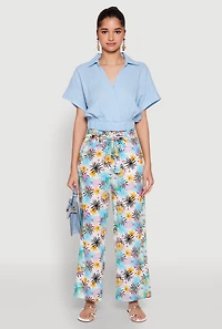 Womens Tropical Print Paper Bag Waist Pants, Multi, Size L