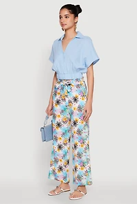 Womens Tropical Print Paper Bag Waist Pants, Multi, Size L