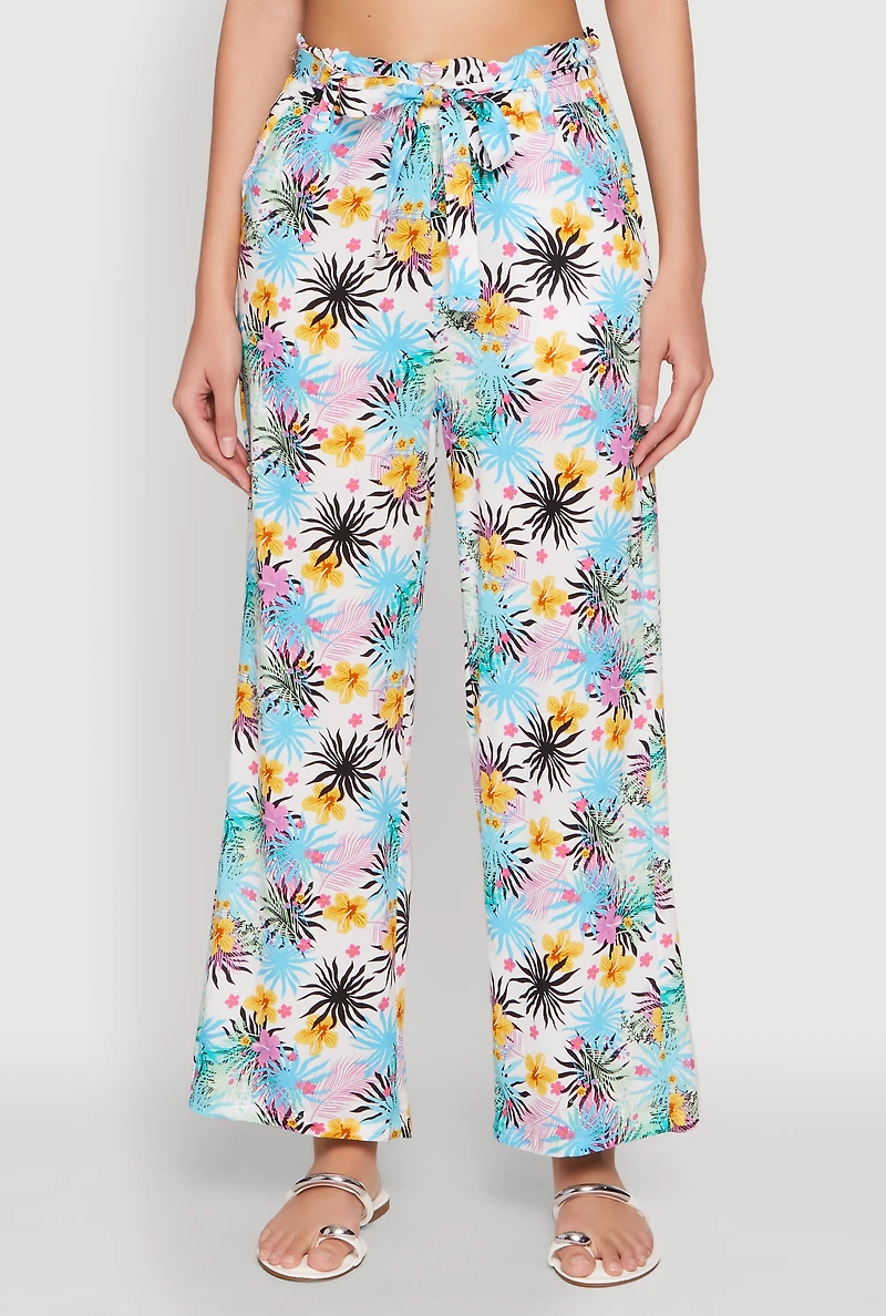 Womens Tropical Print Paper Bag Waist Pants, Multi, Size L