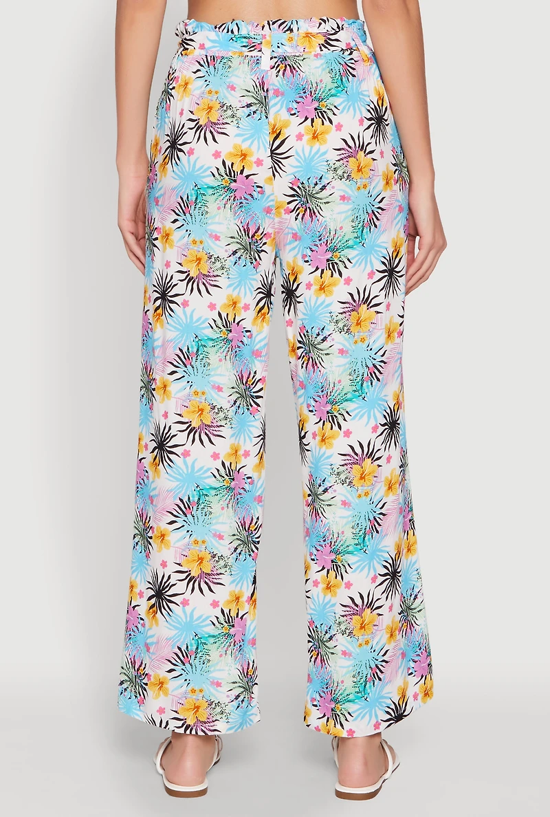 Womens Tropical Print Paper Bag Waist Pants, Multi, Size L