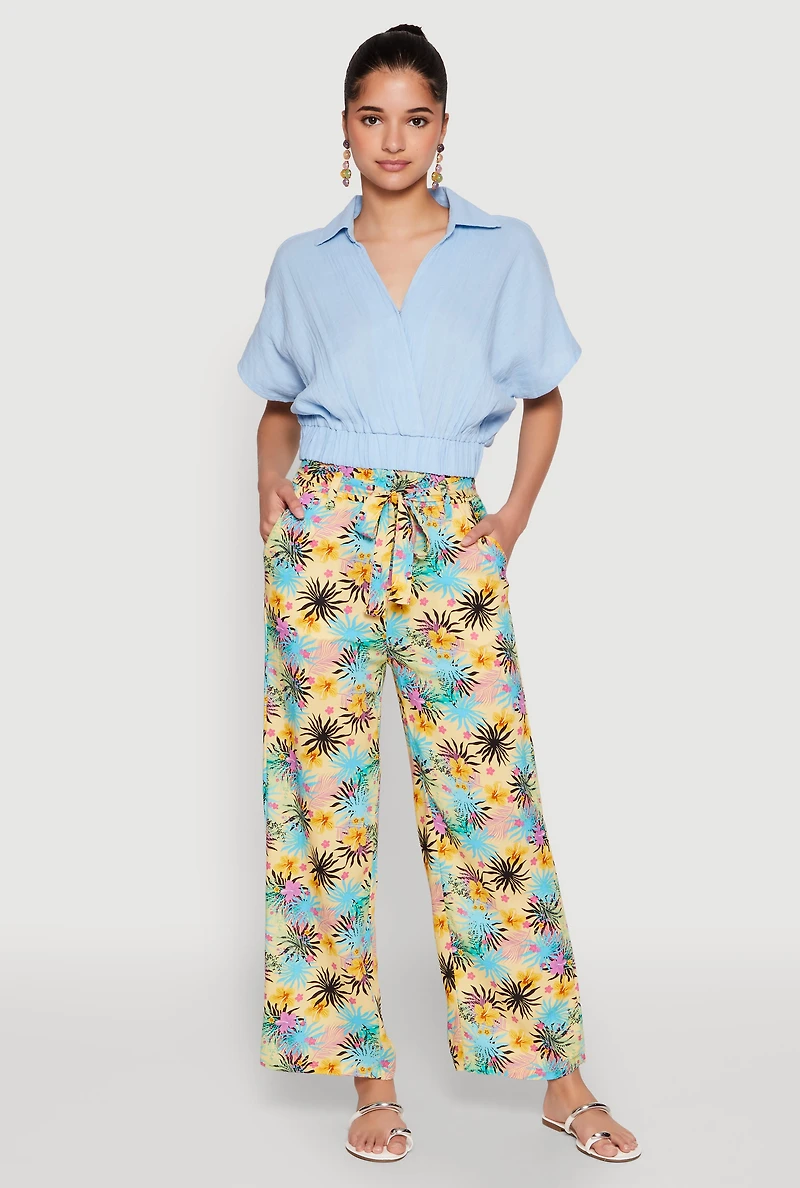 Tropical Print Paper Bag Waist Pants