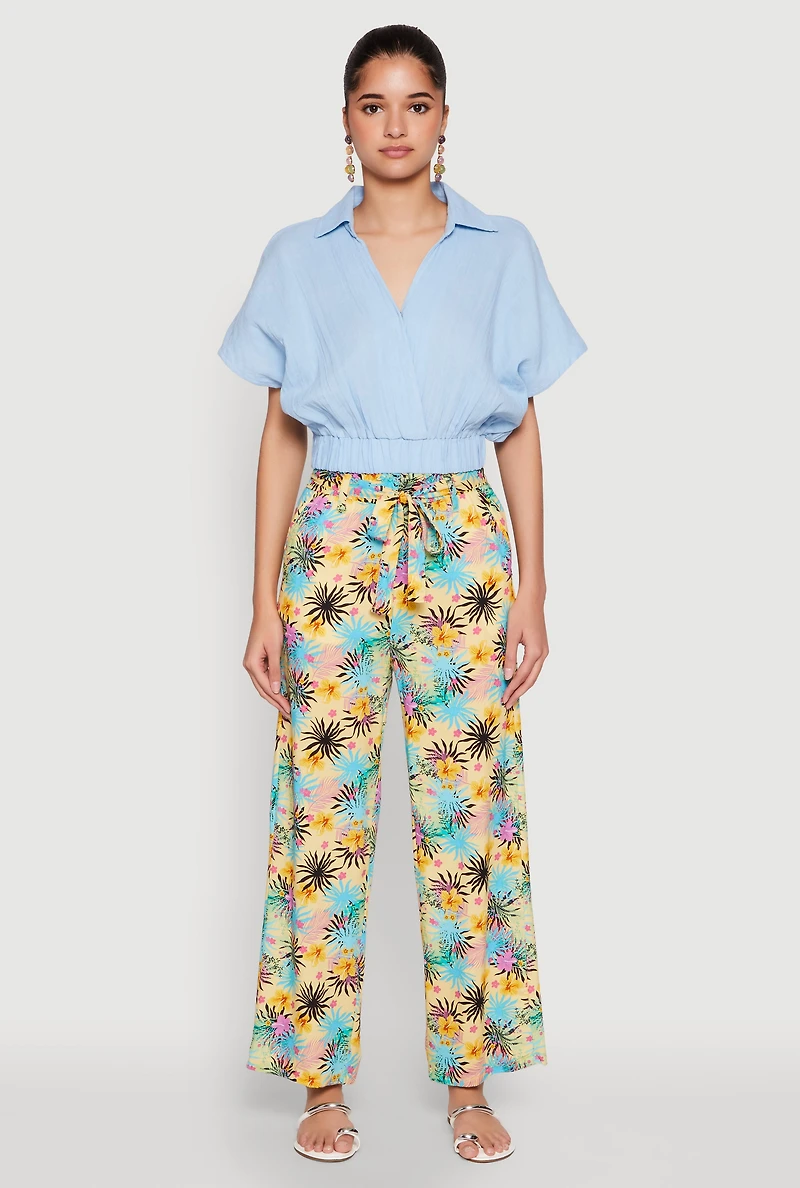 Womens Tropical Print Paper Bag Waist Pants, Multi, Size M