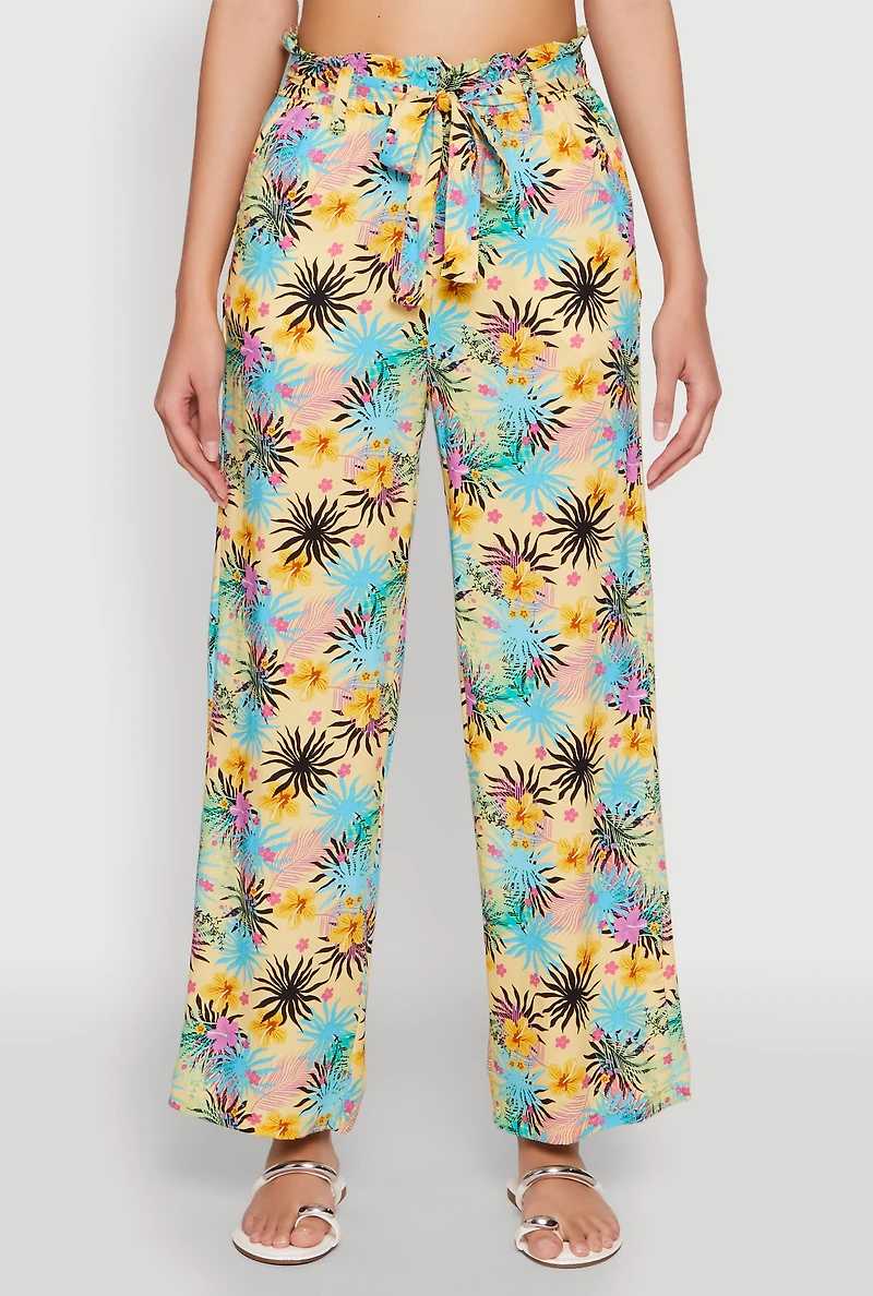 Womens Tropical Print Paper Bag Waist Pants, Multi, Size M