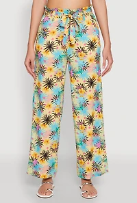 Womens Tropical Print Paper Bag Waist Pants, Multi, Size M
