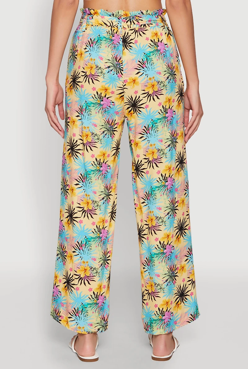 Womens Tropical Print Paper Bag Waist Pants, Multi, Size M