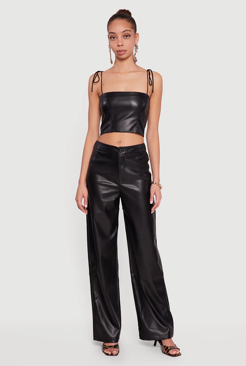 Solid Faux Leather Straight Leg Dress Pants