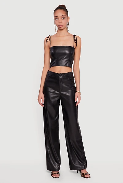 Solid Faux Leather Straight Leg Dress Pants