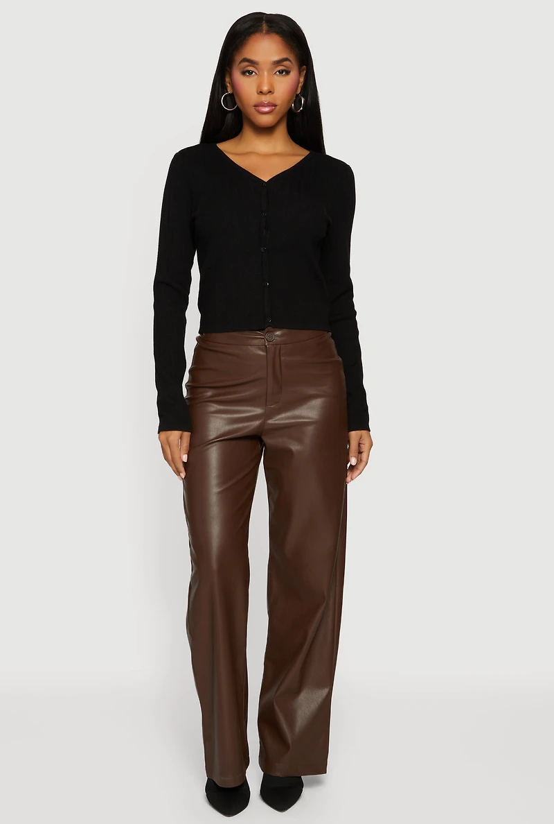 Solid Faux Leather Straight Leg Dress Pants