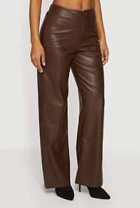 Solid Faux Leather Straight Leg Dress Pants