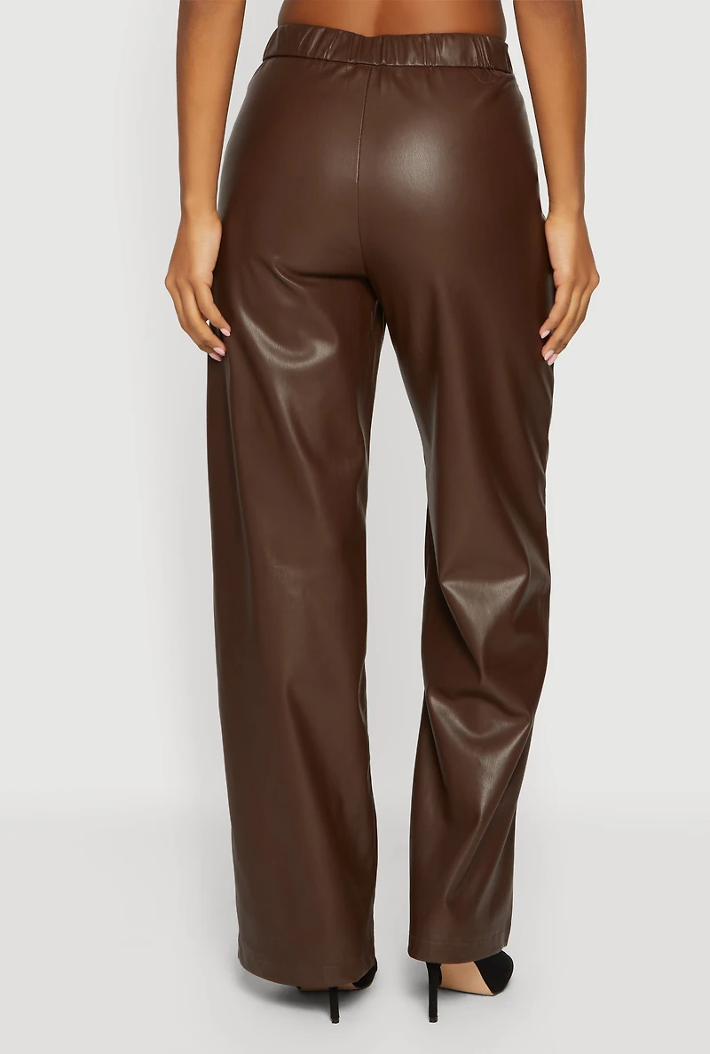 Solid Faux Leather Straight Leg Dress Pants