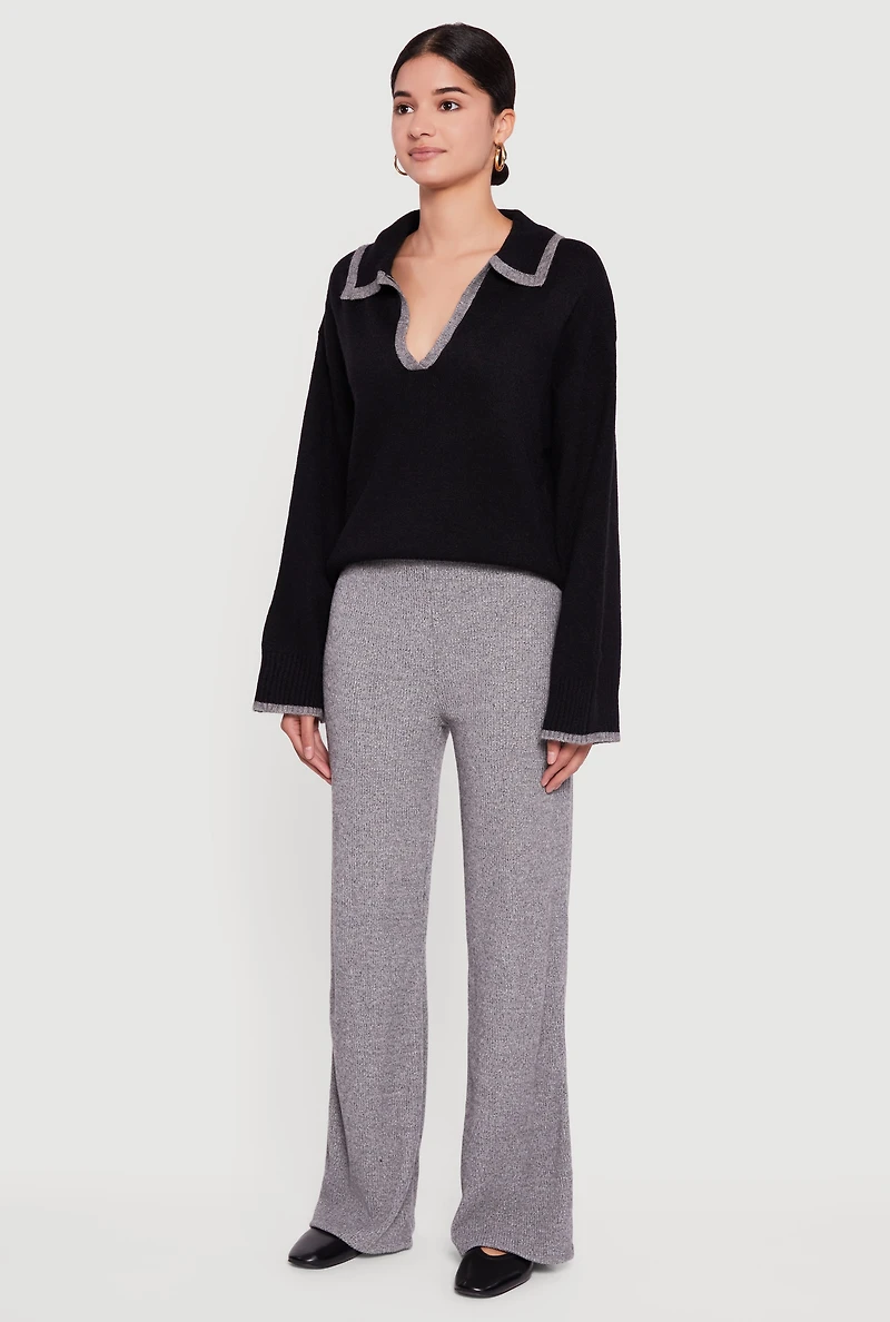 Womens Brushed Rib Knit Pull On Pants, Grey, Size L