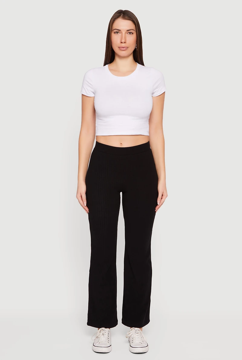 Womens Brushed Ribbed Knit Straight Leg Pants, Black, Size S