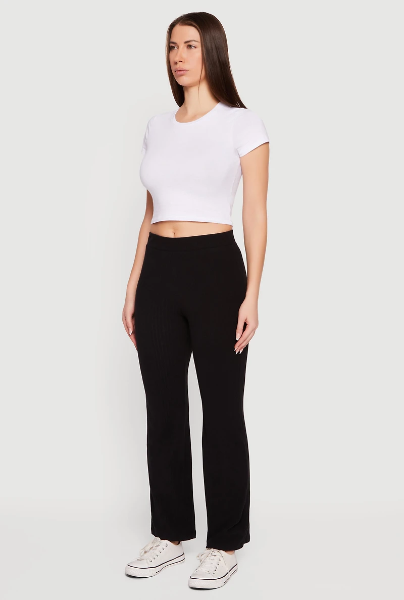 Womens Brushed Ribbed Knit Straight Leg Pants, Black, Size S