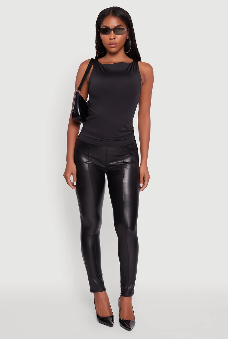 Womens Faux Leather Fleece Lined Pintuck Leggings, Black,
