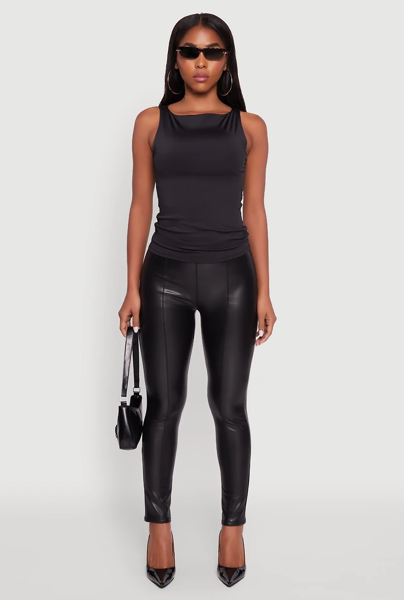 Womens Faux Leather Fleece Lined Pintuck Leggings, Black,